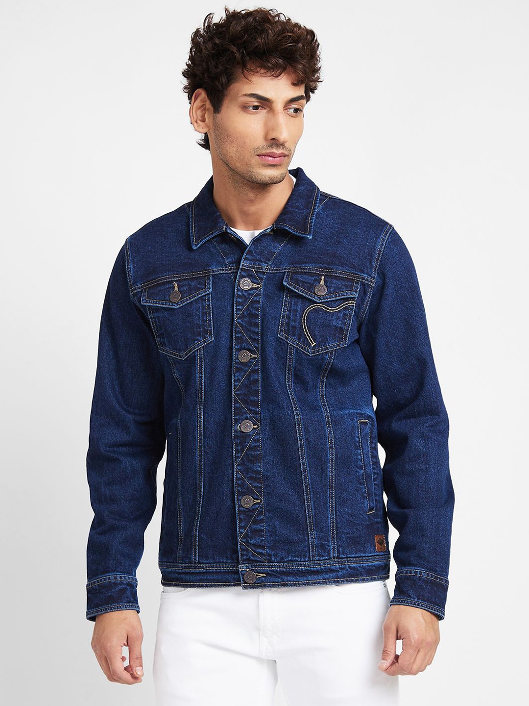 

Being Human Men Washed Checked Crop Denim Jacket with Embroidered, Purple