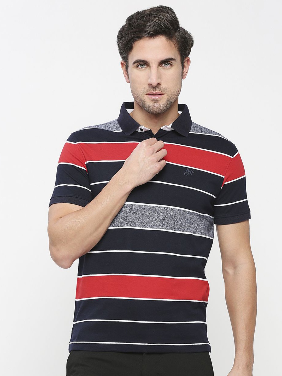 

Being Human Men Striped Polo Collar Applique T-shirt, Blue
