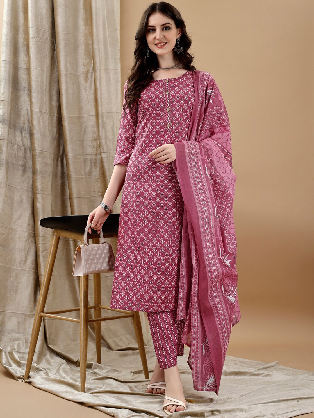 

KALINI Women Ethnic Motifs Printed Regular Kurta with Trousers & Dupatta, Pink