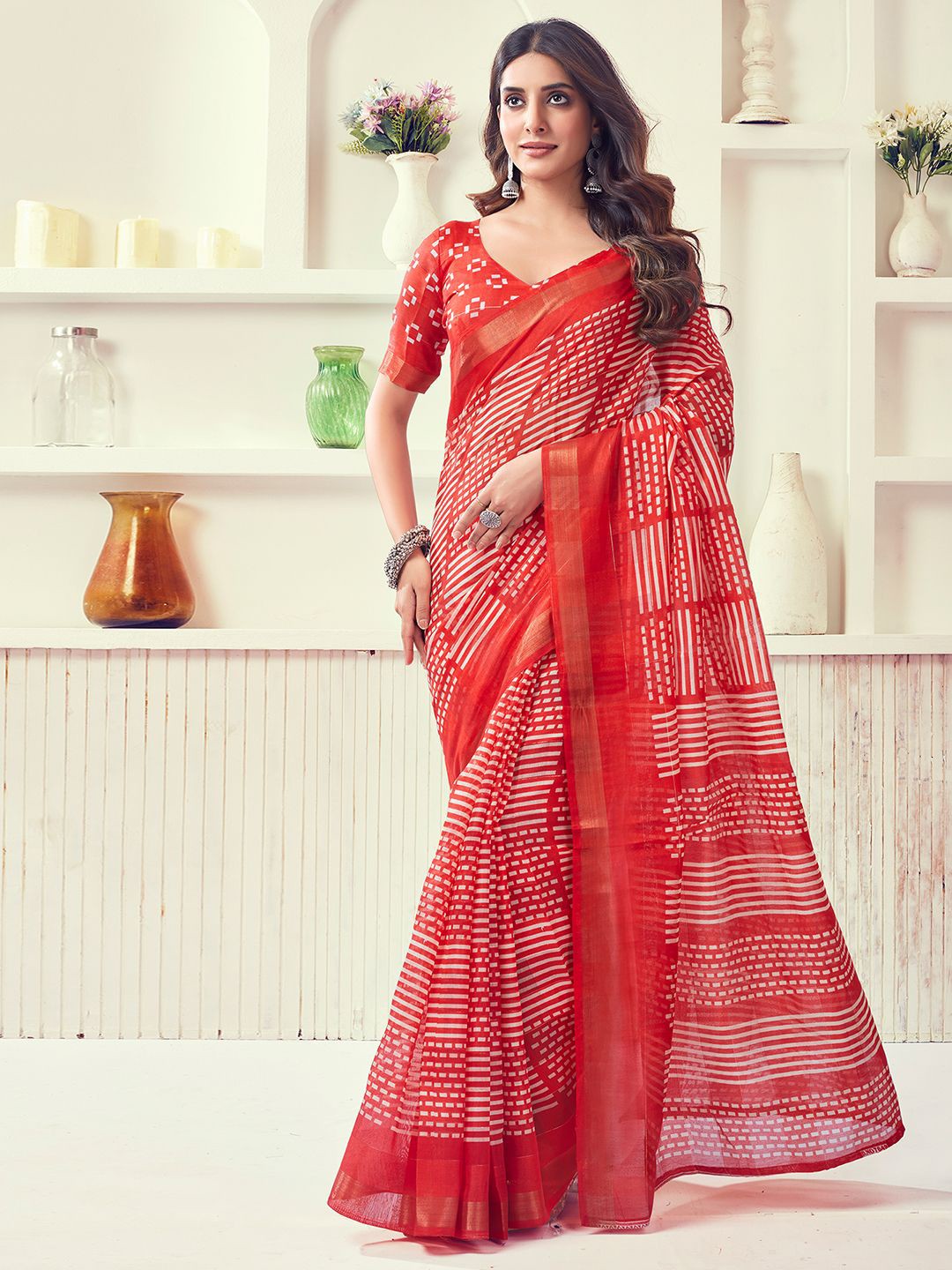 

KALINI Zari Stripe Printed Saree, Red