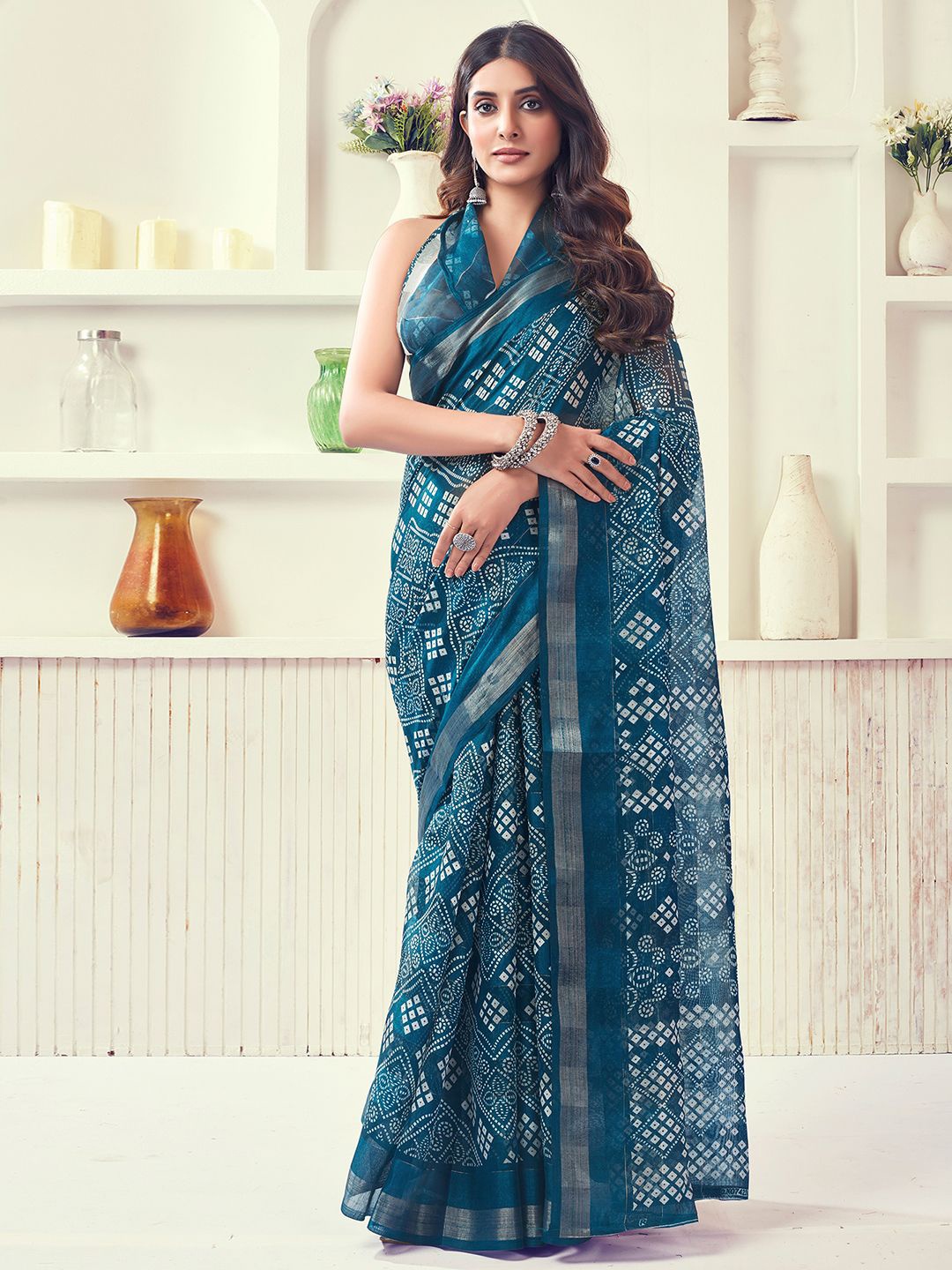 

KALINI Bandhani Printed Zari Bandhani Saree, Blue
