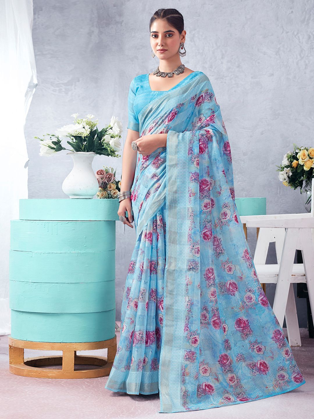 

KALINI Floral Printed Zari Saree, Blue