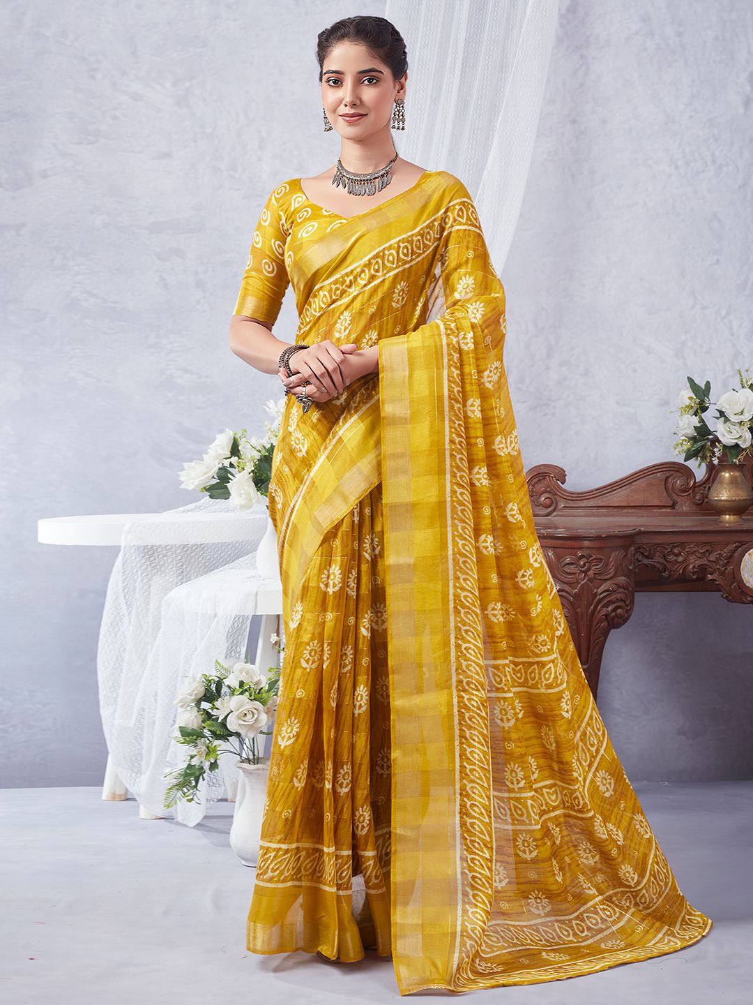 

KALINI Floral Printed & Zari Stripe Saree, Yellow
