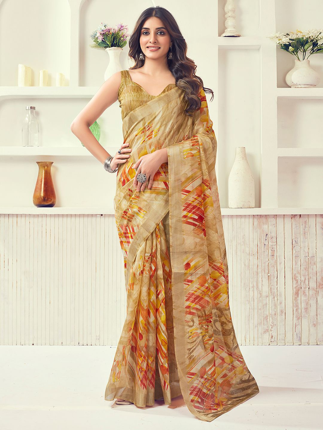 

KALINI Zari Stripe Printed Saree, Beige