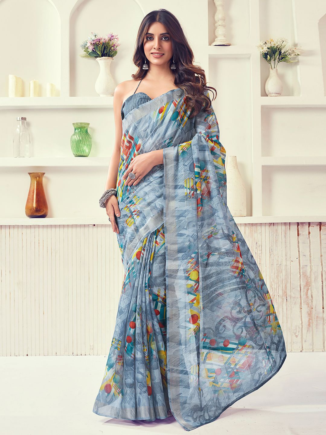 

KALINI Abstract Printed Zari Saree, Grey