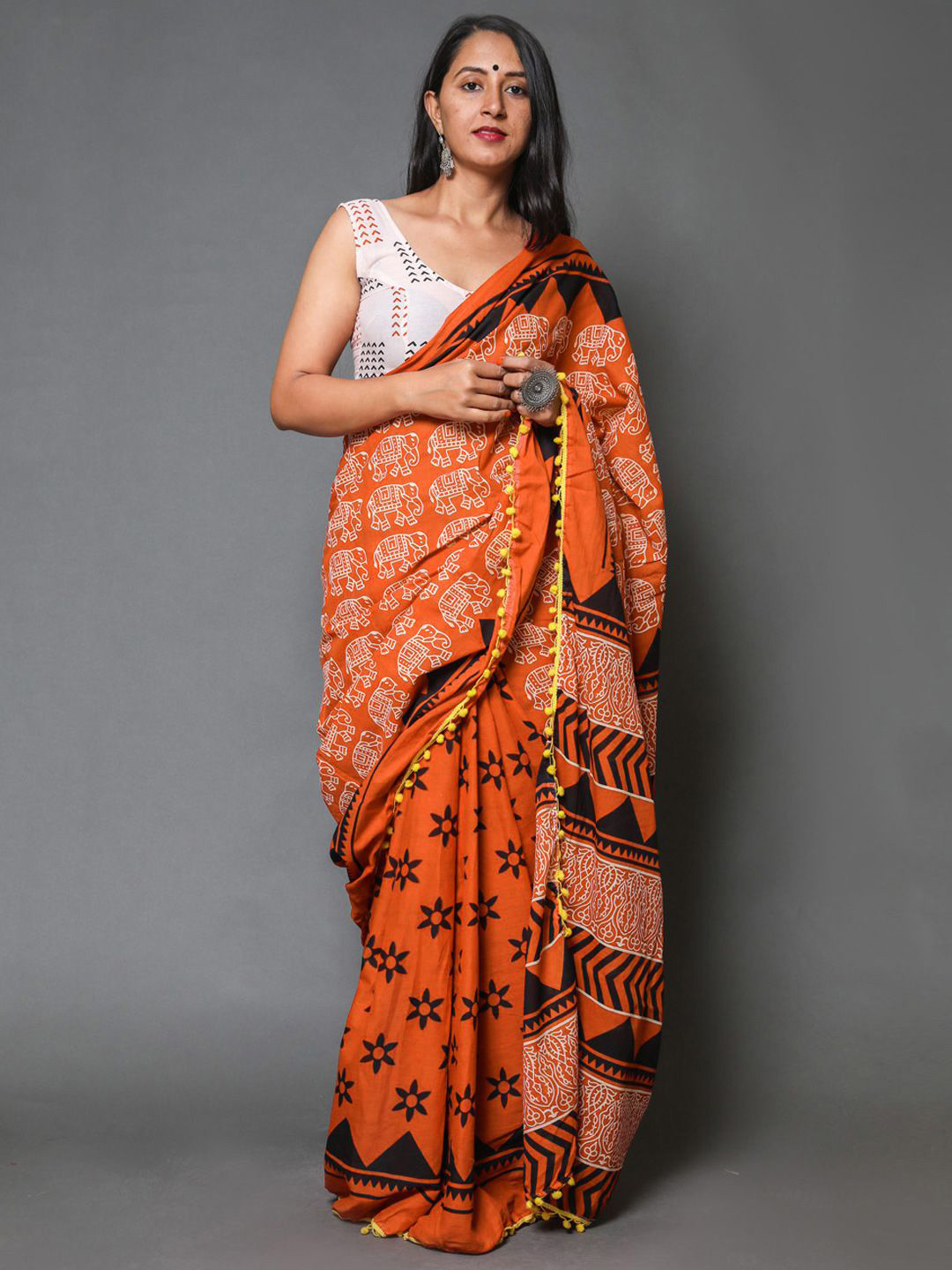 

KALINI Pure Cotton Saree, Orange