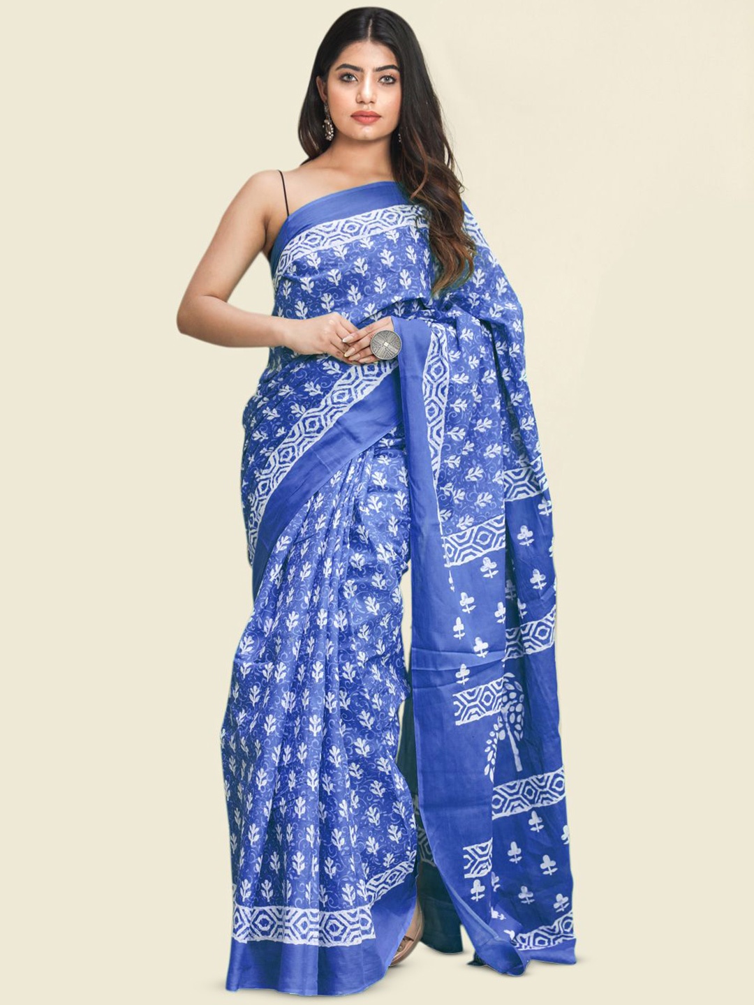 

KALINI Ethnic Motif Pure Cotton Saree, Navy blue