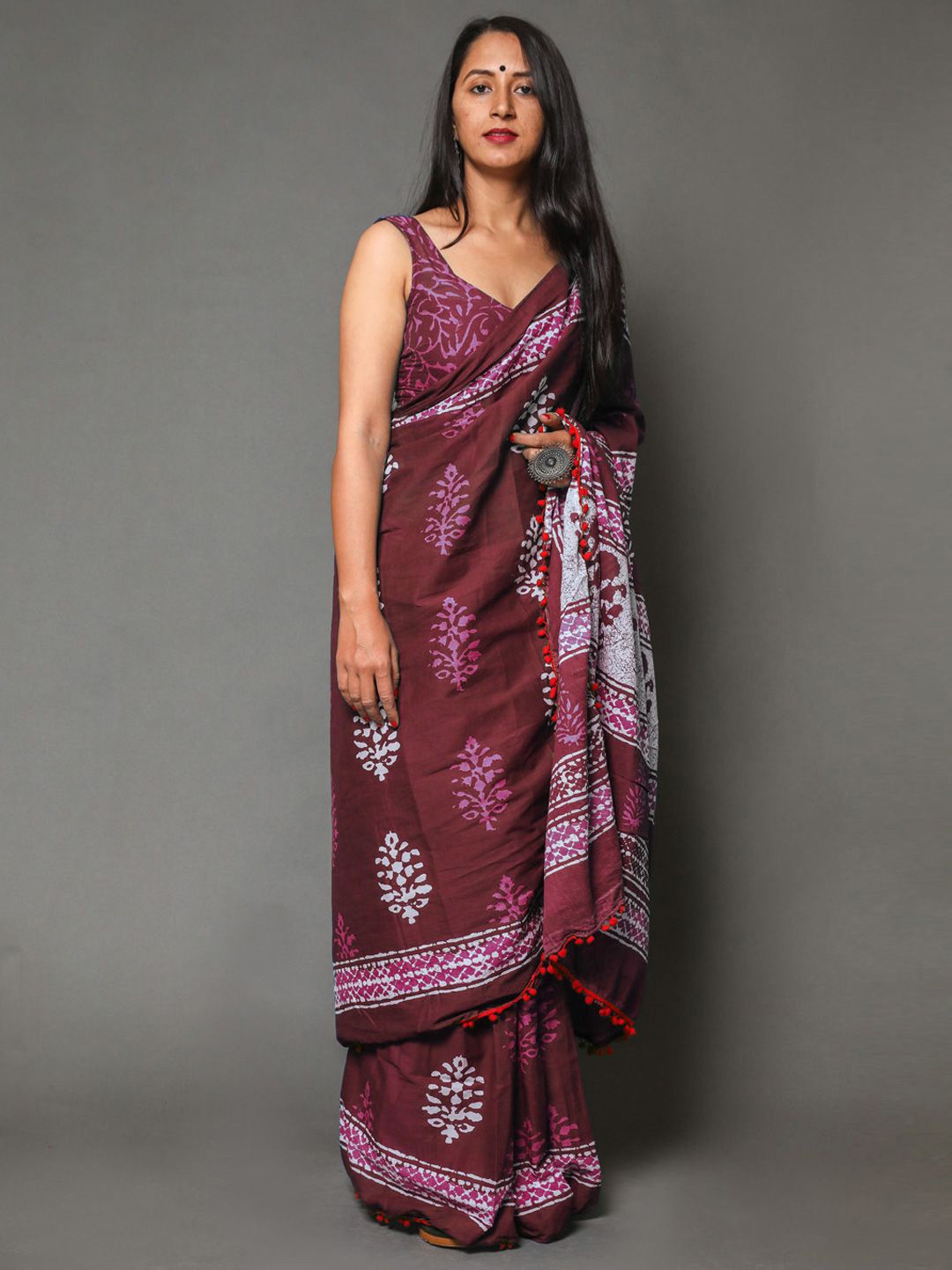 

KALINI Floral Pure Cotton Saree, Maroon