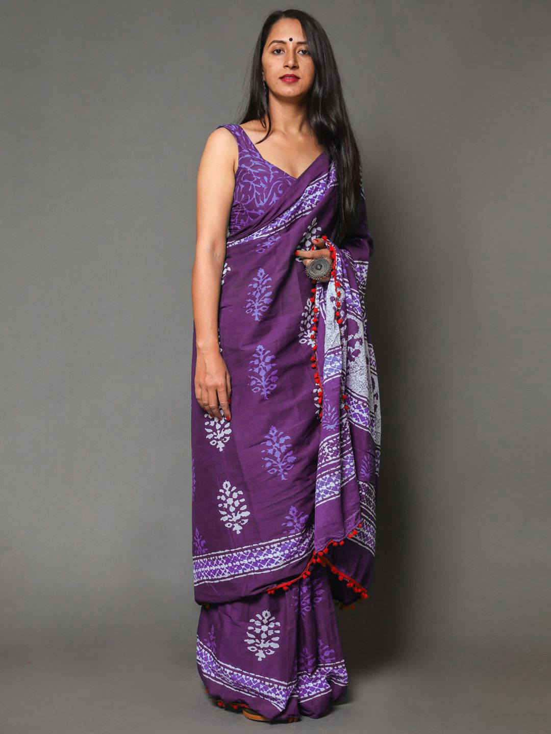 

KALINI Floral Pure Cotton Saree, Purple