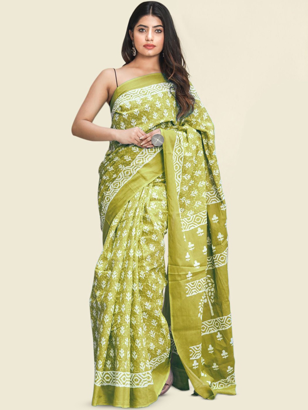 

KALINI Ethnic Motifs Printed Pure Cotton Saree, Olive