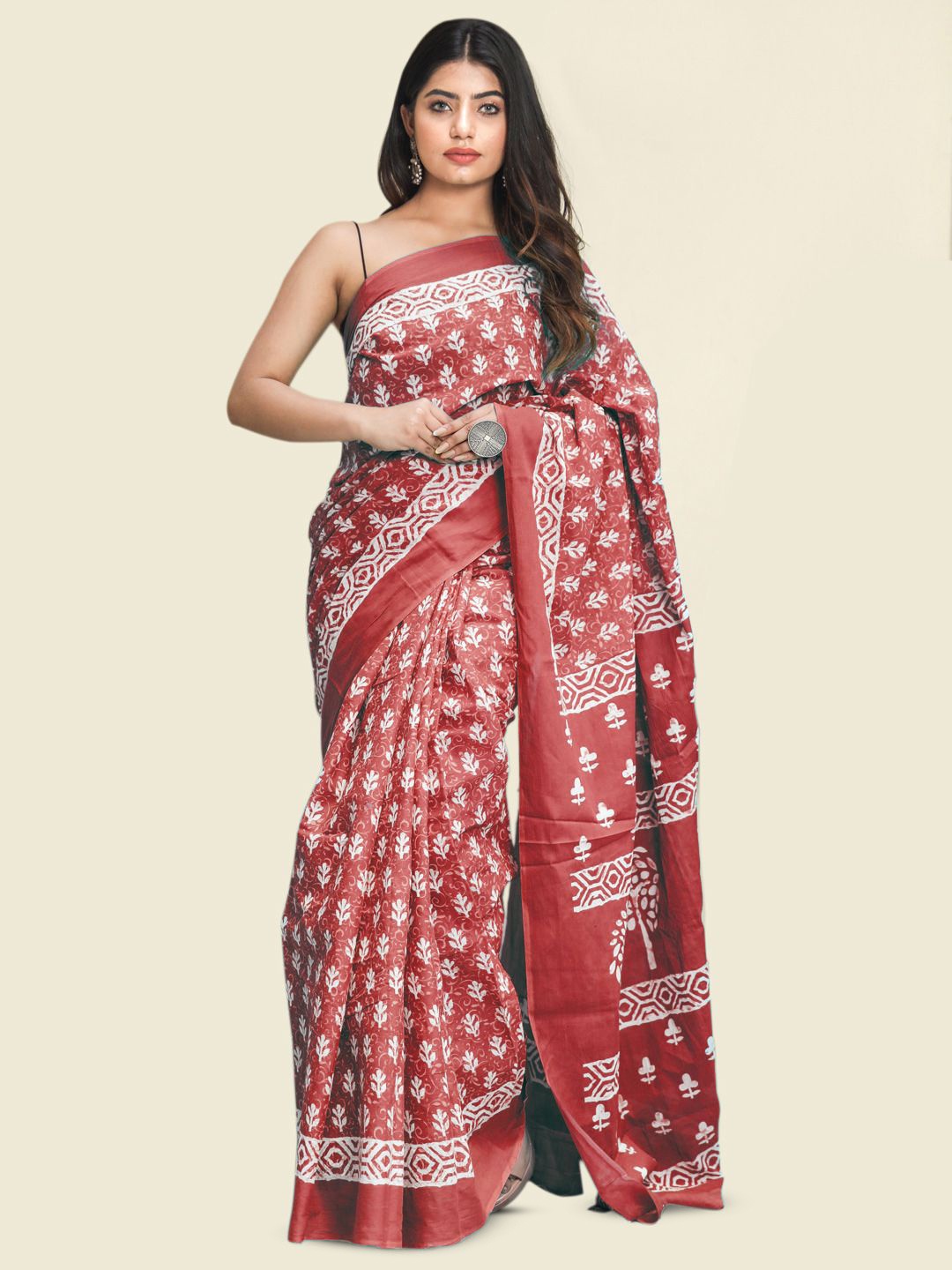 

KALINI Ethnic Motifs Printed Pure Cotton Saree, Red