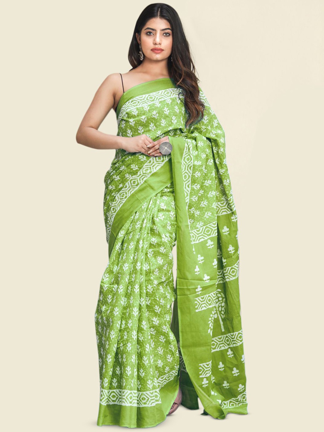 

KALINI Floral Pure Cotton Saree, Green