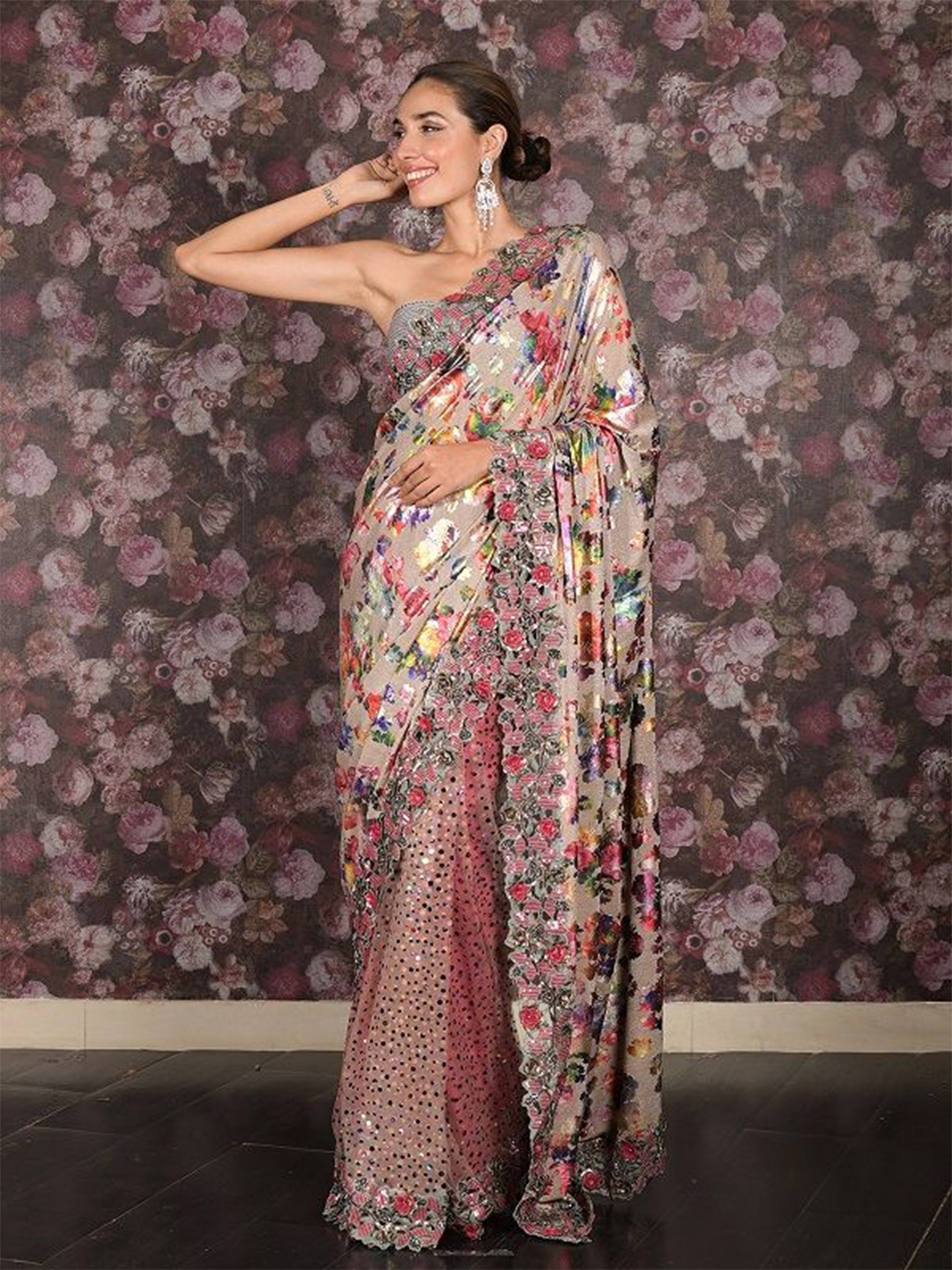 

ODETTE Floral Net Half and Half Saree, Beige