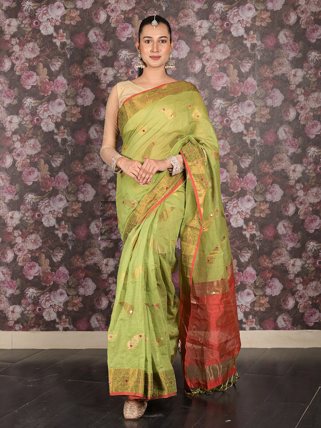 

ODETTE Woven Design Saree, Sea green