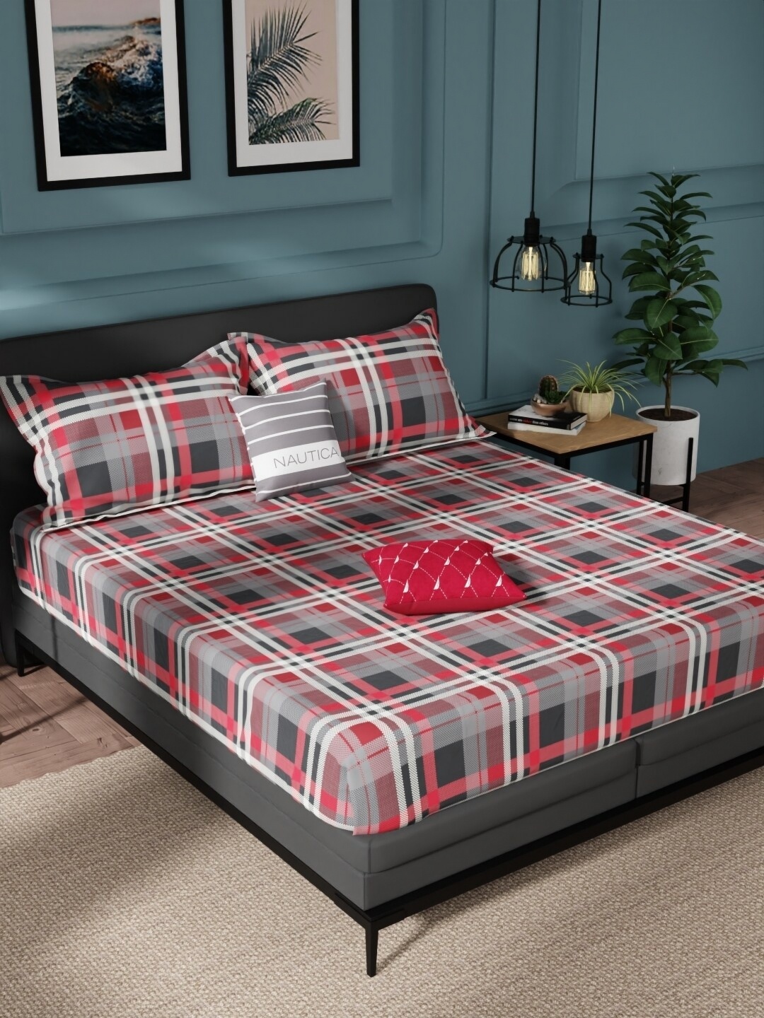 

Nautica Red & White Geometric 144 TC Queen Bedsheet with 2 Pillow Covers