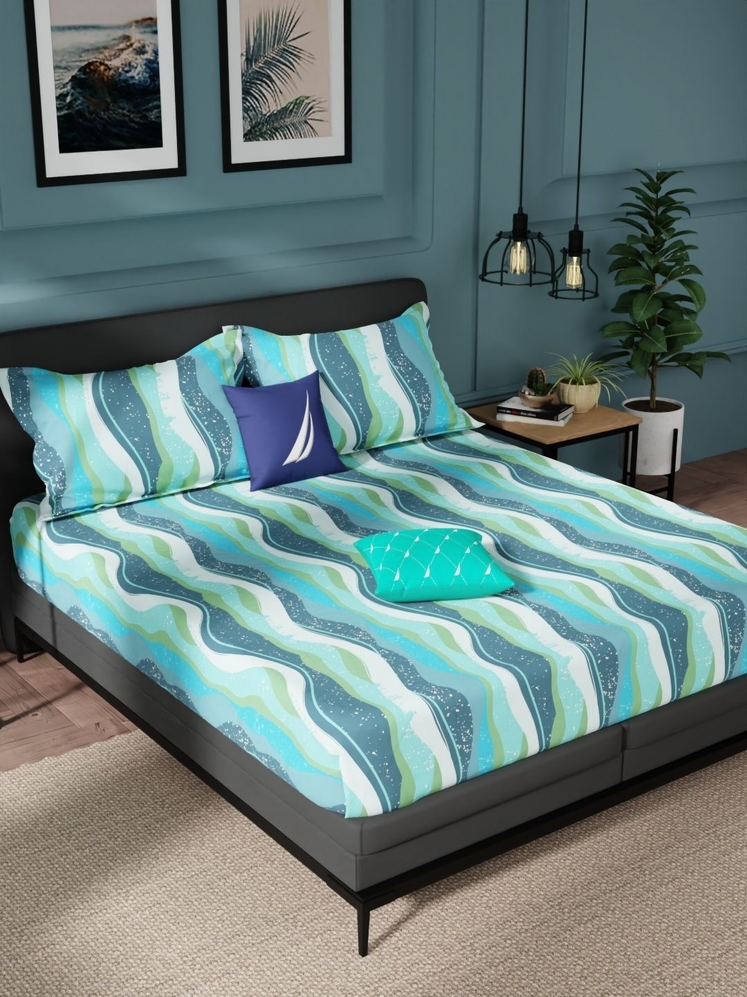 

Nautica Blue Abstract Pure Cotton 144 TC Queen Bedsheet Set-2.24 m X 2.54 m