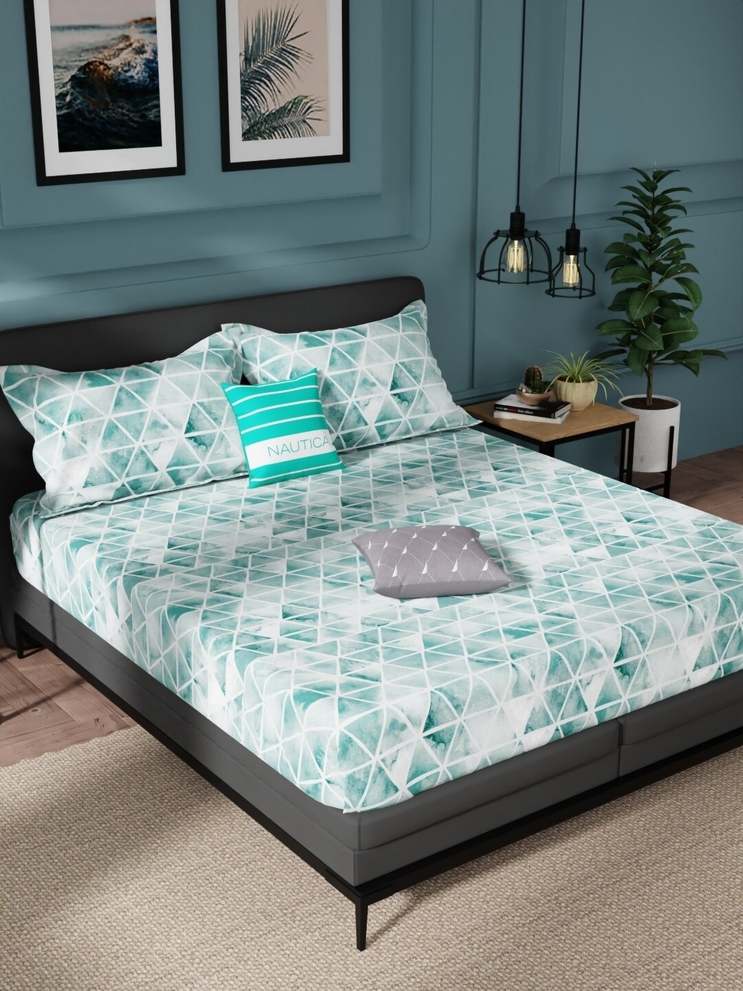 

Nautica american classics Geometric 144 TC Queen Bedsheet with 2 Pillow Covers, Teal