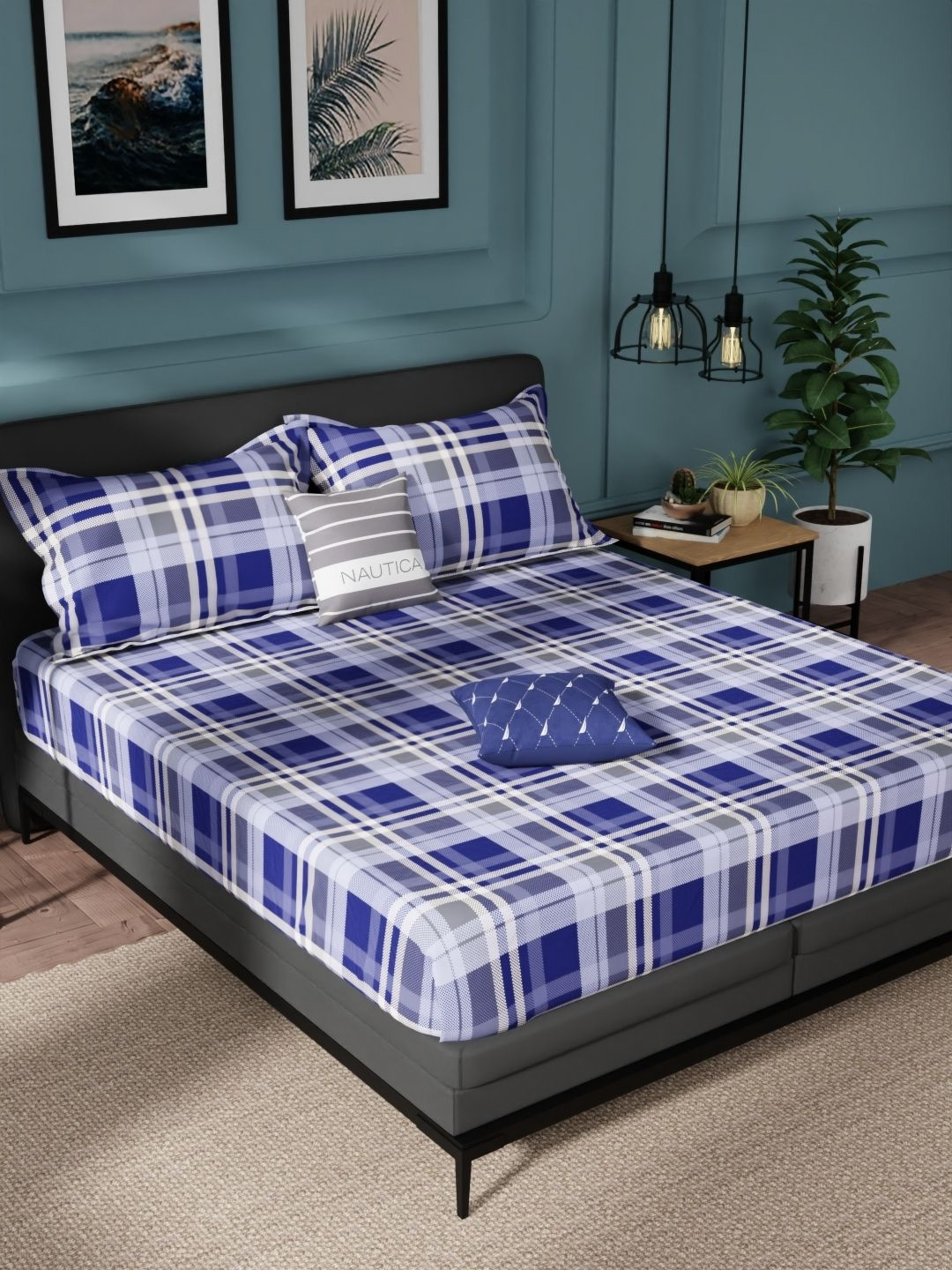 

Nautica Blue Geometric Pure Cotton 144 TC Queen Bedsheet Set-2.24 m X 2.54 m