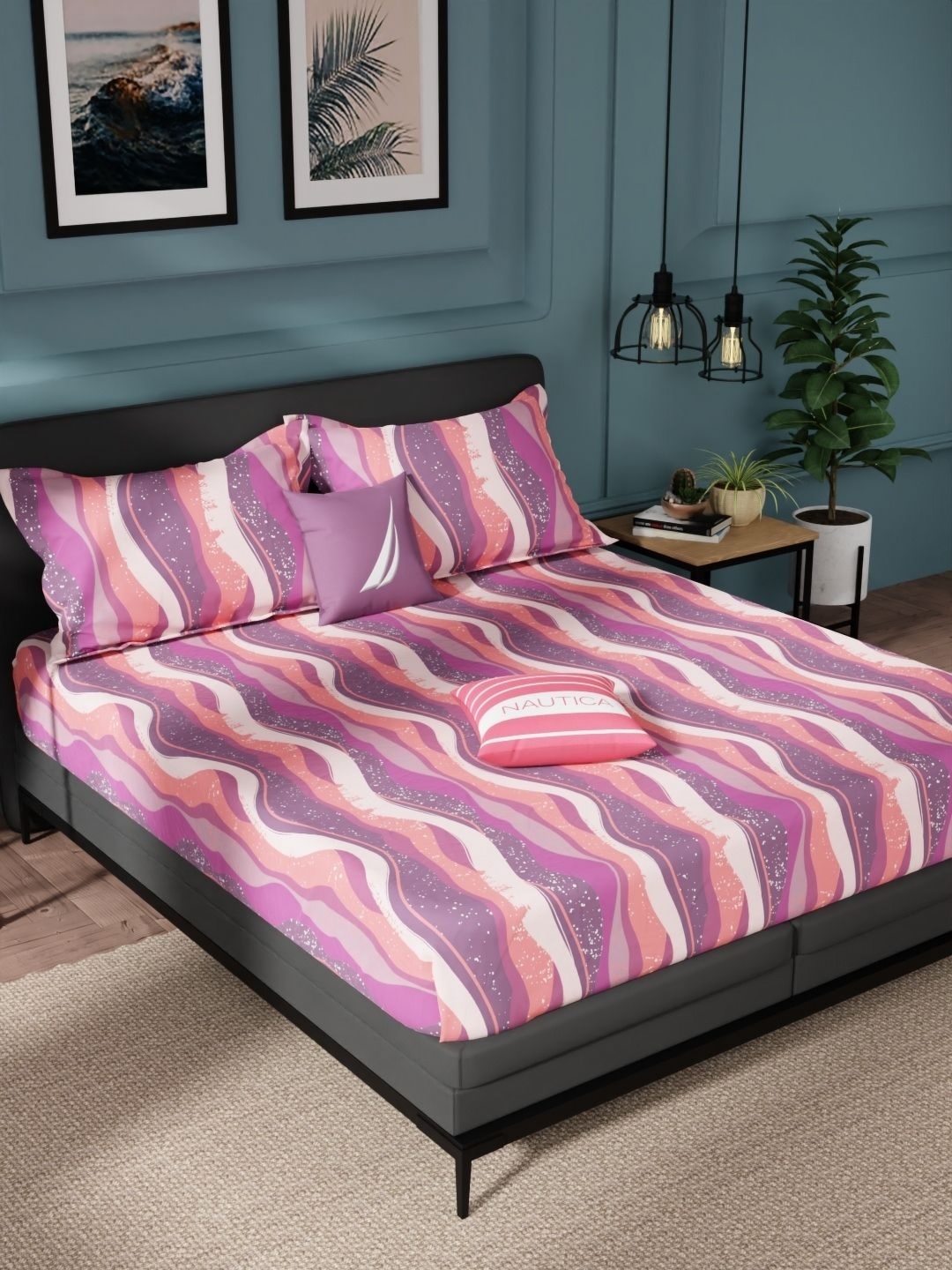 

Nautica Orange-Coloured Abstract Pure Cotton 144 TC Queen Bedsheet Set-2.24 m X 2.54 m