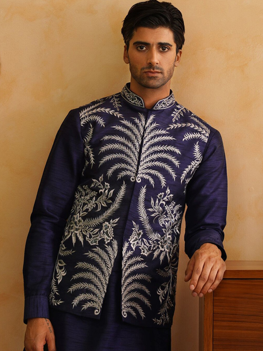 

Denis Parkar Men Solid Kurta withTrousers & Embroidered waistcoat sets, Navy blue