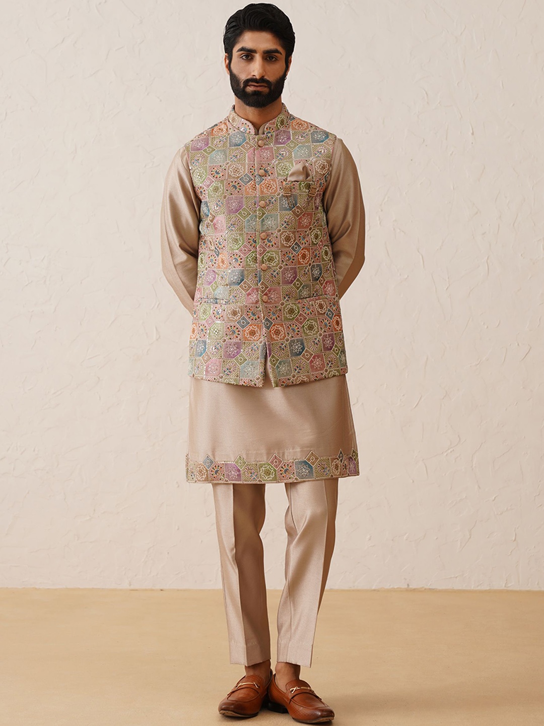 Denis Parkar Men Embroidered Kurta with Pyjamas & Waistcoat, Rose gold