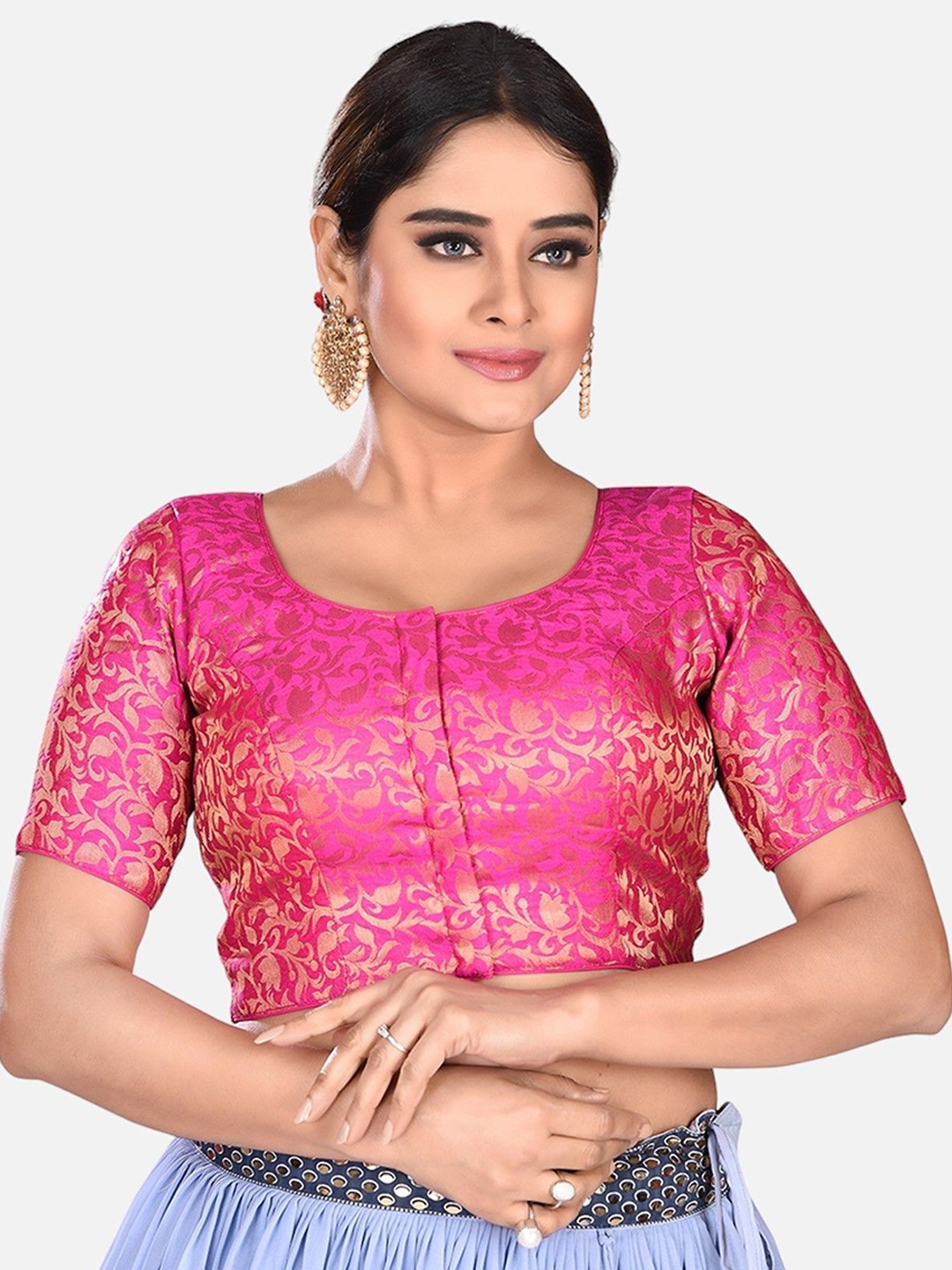 

FEMMIBELLA Woven Design Round Neck Readymade Saree Blouse, Pink