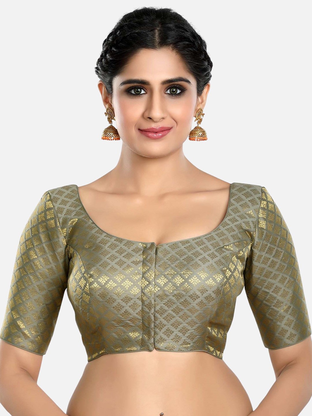

FEMMIBELLA Woven-Design Round Neck Readymade Saree Blouse, Grey