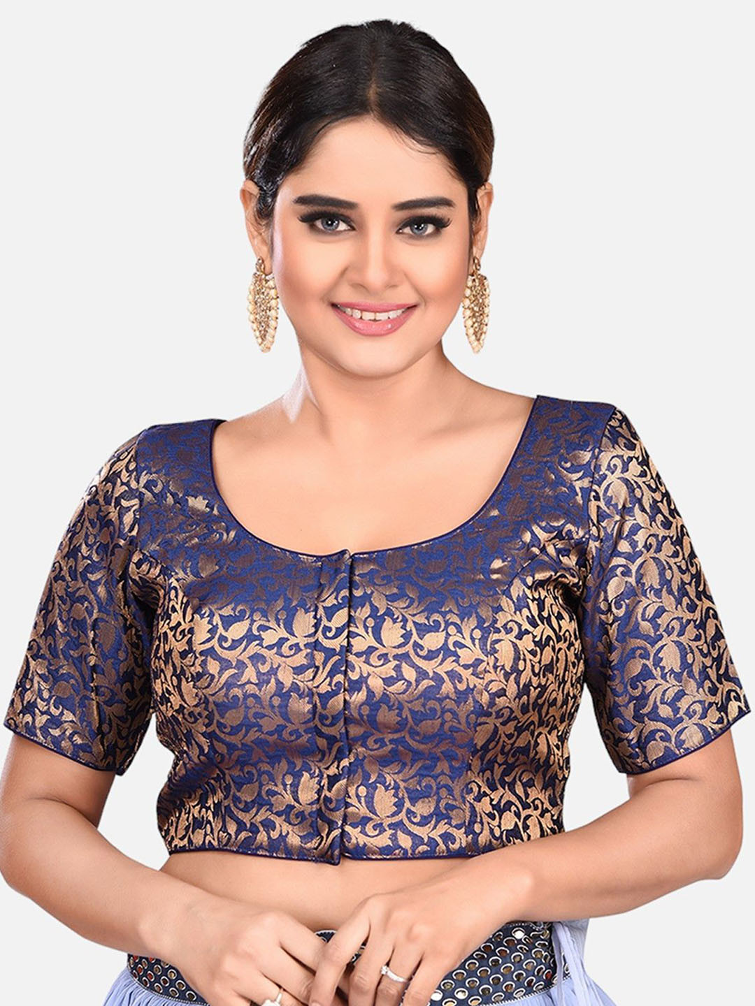 

FEMMIBELLA Woven Design Round Neck Readymade Saree Blouse, Navy blue