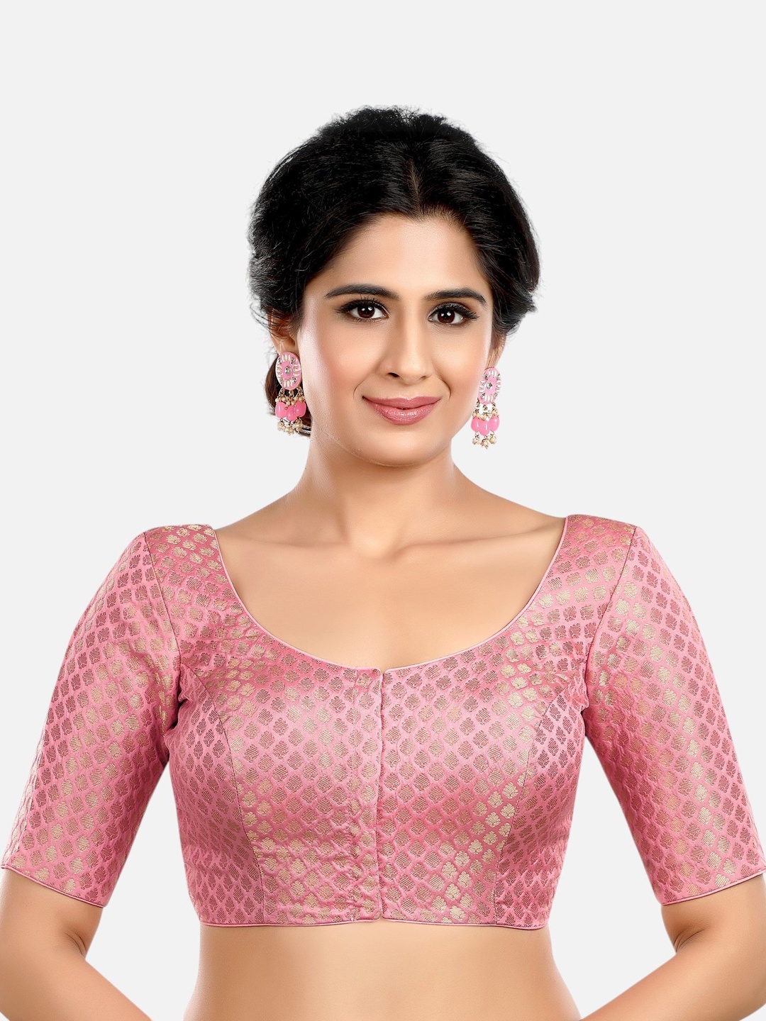 

FEMMIBELLA Woven Design Round Neck Readymade Saree Blouse, Pink