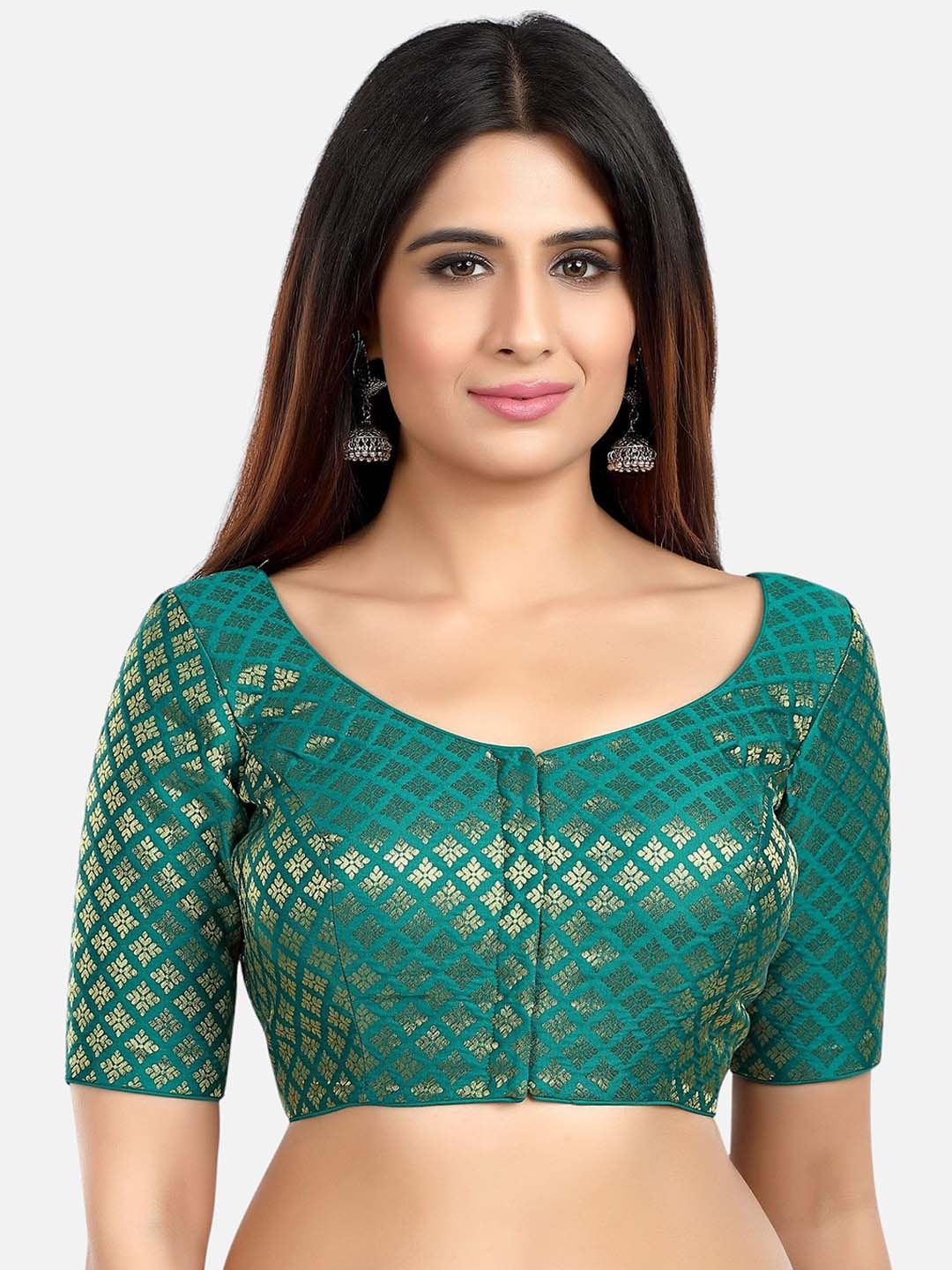 

FEMMIBELLA Woven Design Round Neck Readymade Saree Blouse, Green