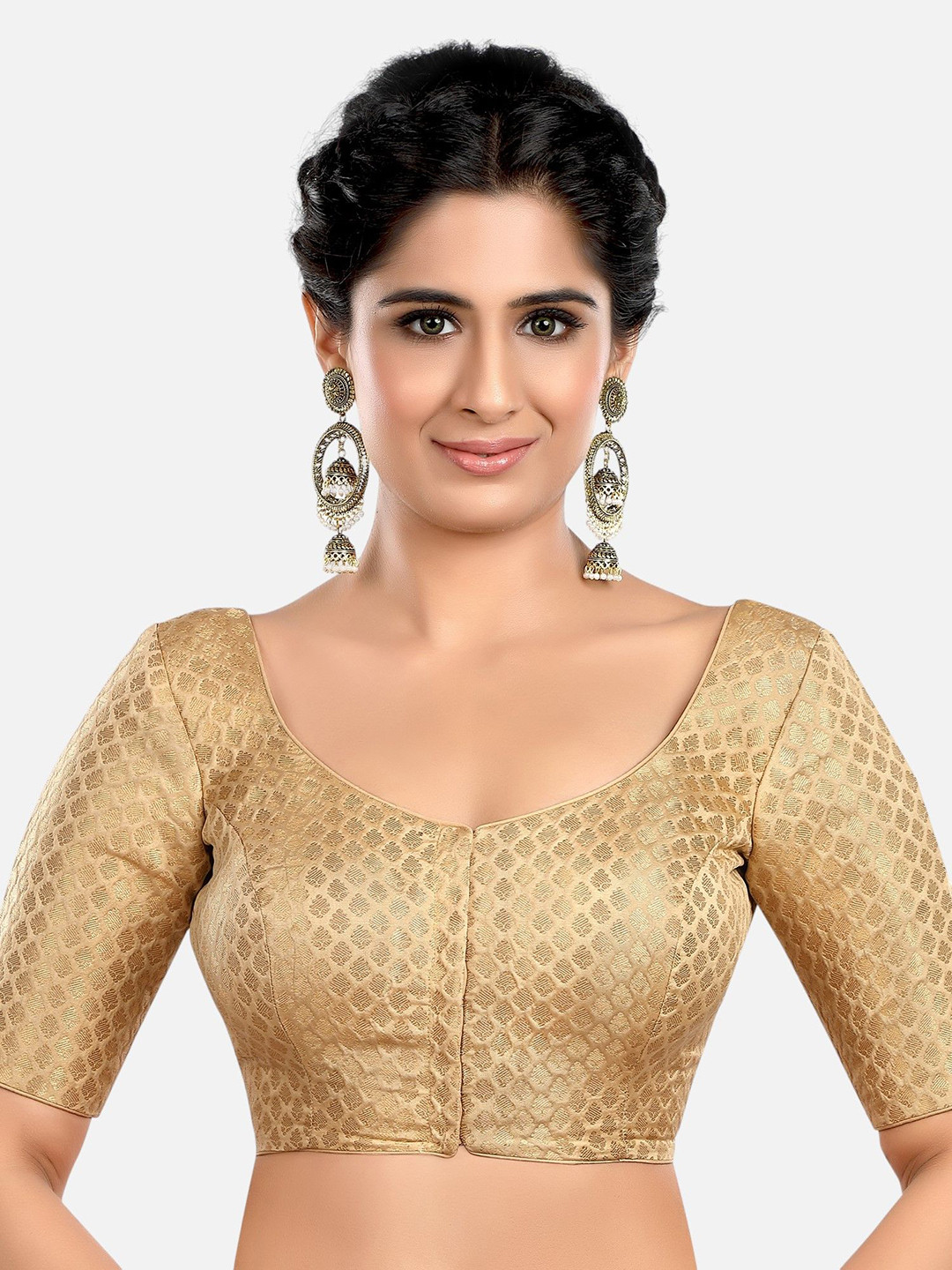 

FEMMIBELLA Woven Design Round Neck Readymade Saree Blouse, Gold