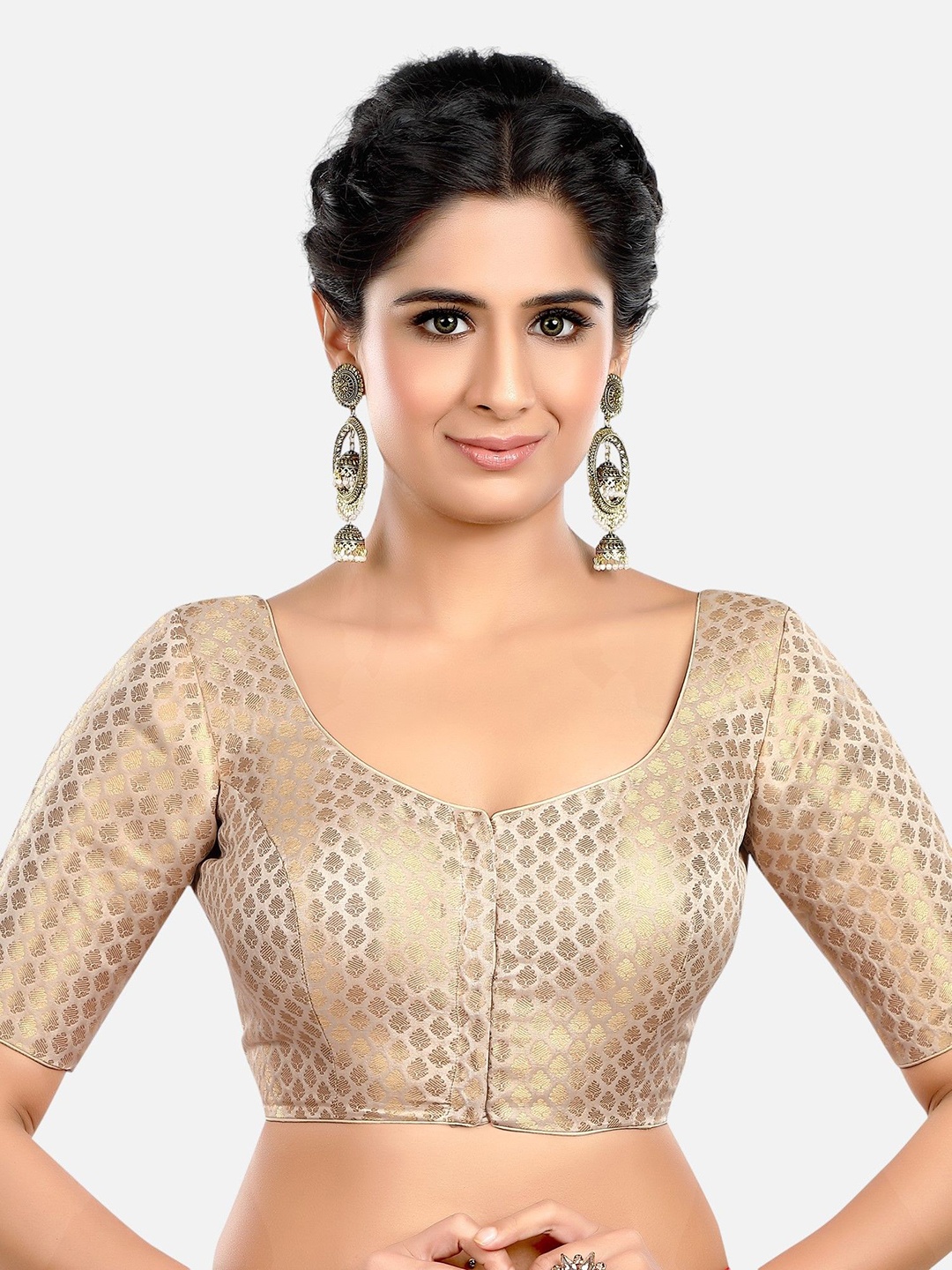 

FEMMIBELLA Woven Design Round Neck Readymade Saree Blouse, Cream