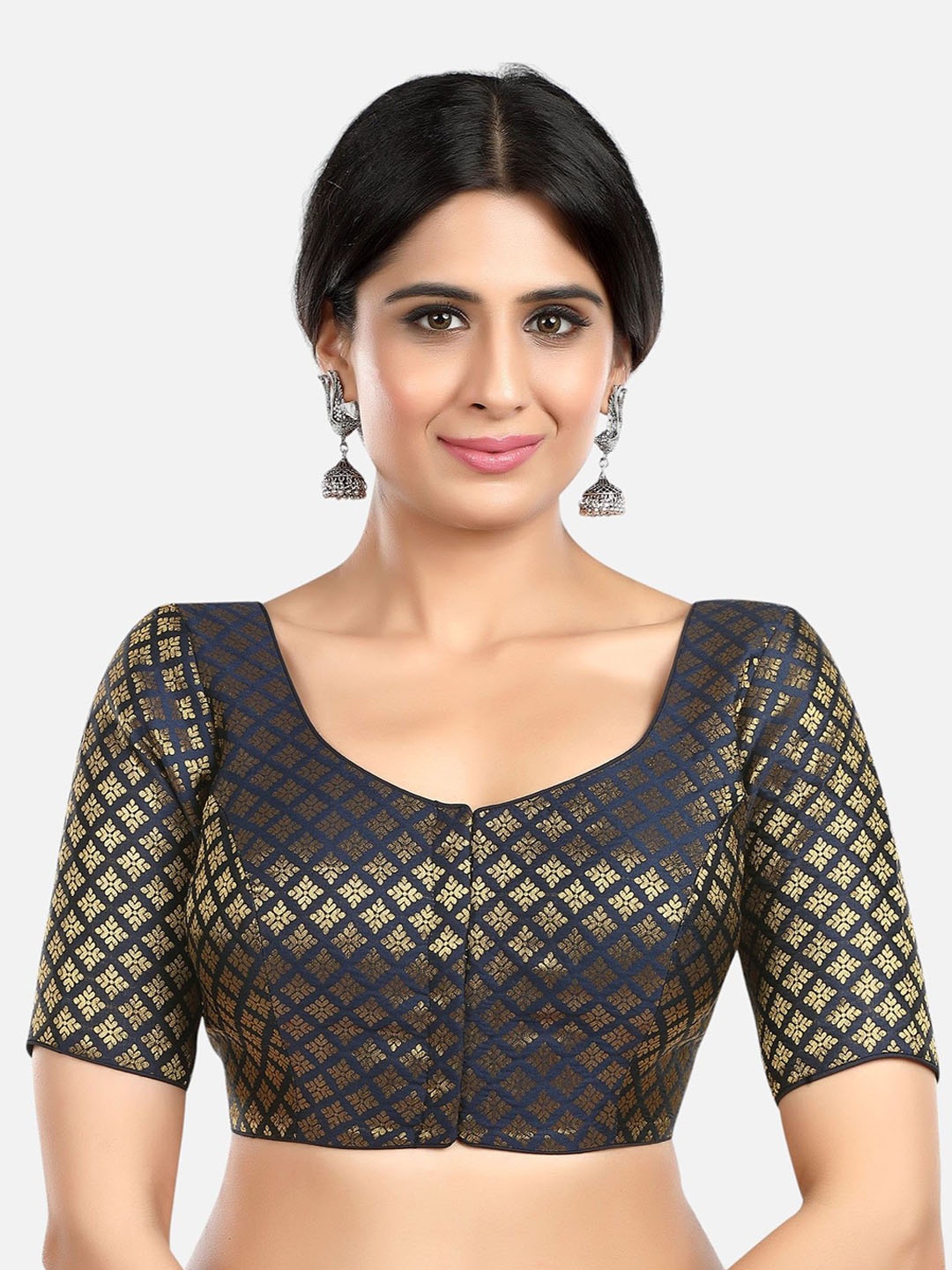 

FEMMIBELLA Woven Design Round Neck Readymade Saree Blouse, Navy blue