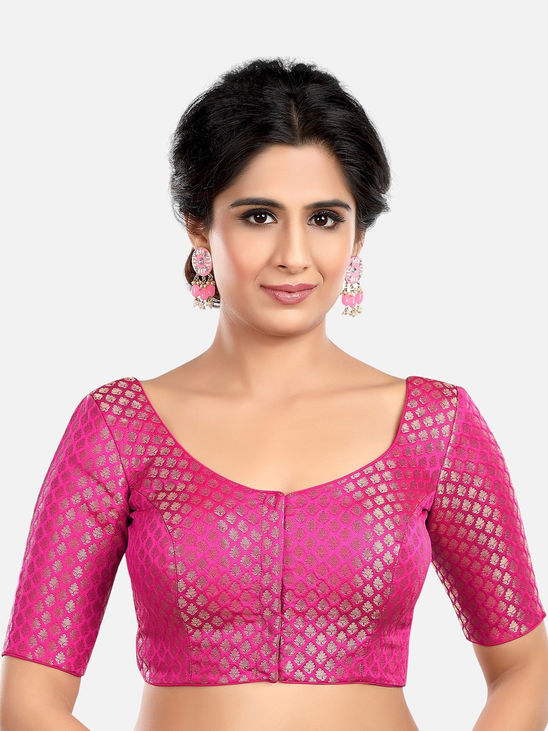 

FEMMIBELLA Woven Design Round Neck Saree Blouse, Pink