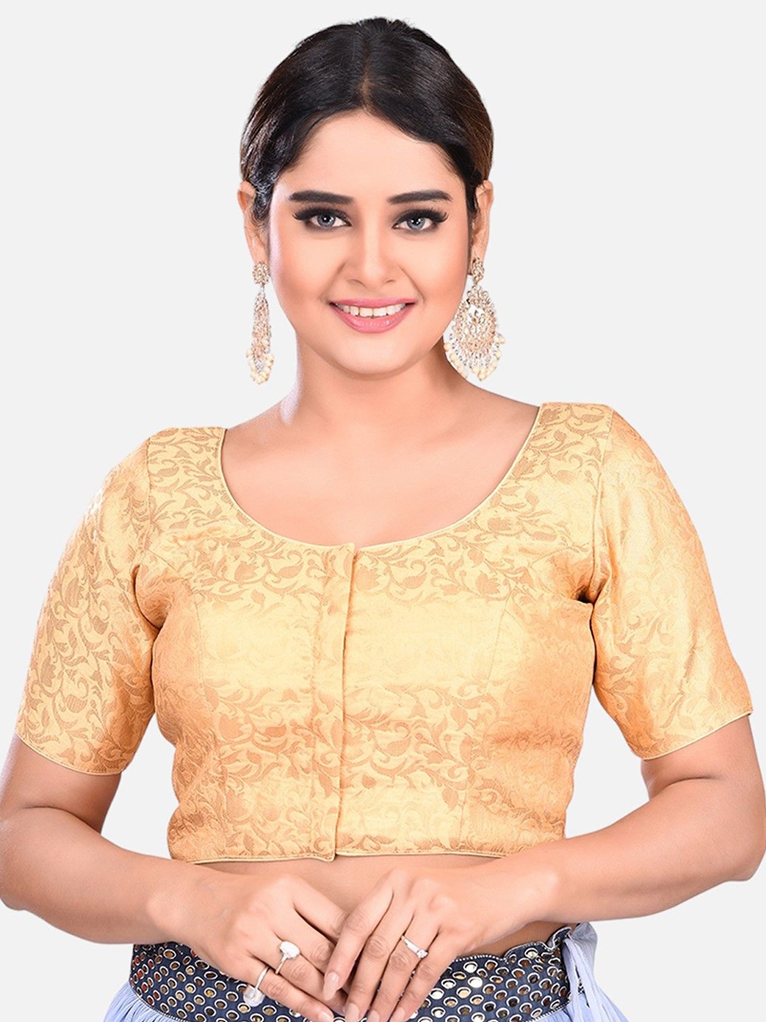 

FEMMIBELLA Woven Design Round Neck Readymade Saree Blouse, Gold