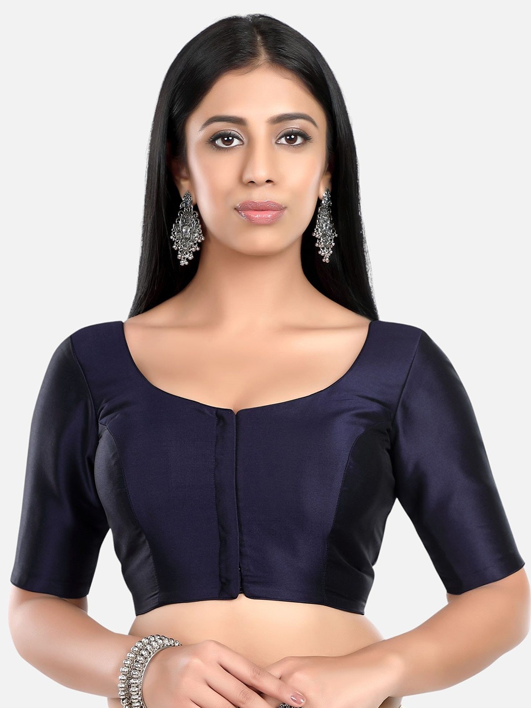 

FEMMIBELLA Round Neck Silk Saree Blouse, Navy blue