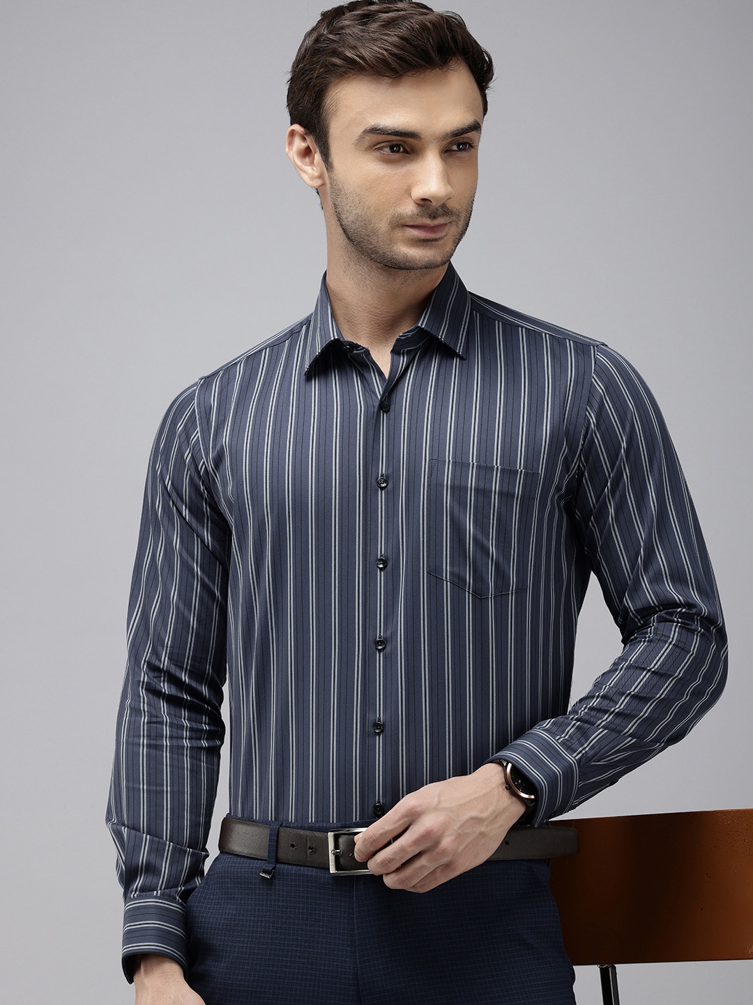 

Van Heusen Pure Cotton Slim Fit Opaque Striped Formal Shirt, Grey