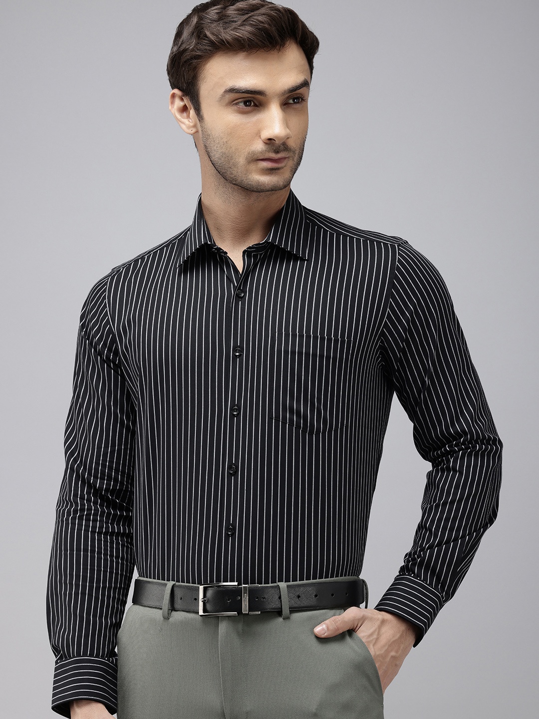 

Van Heusen Striped Slim Fit Opaque Pure Cotton Formal Shirt, Black