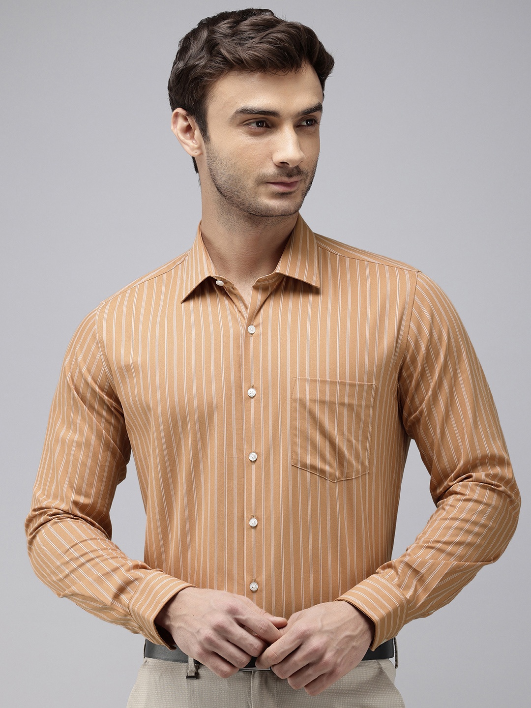 

Van Heusen Striped Slim Fit Opaque Pure Cotton Formal Shirt, Tan