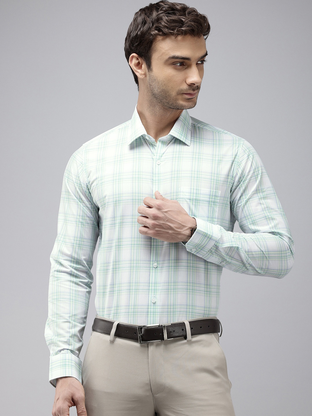 

Van Heusen Men Slim Fit Checked Pure Cotton Formal Shirt, Green