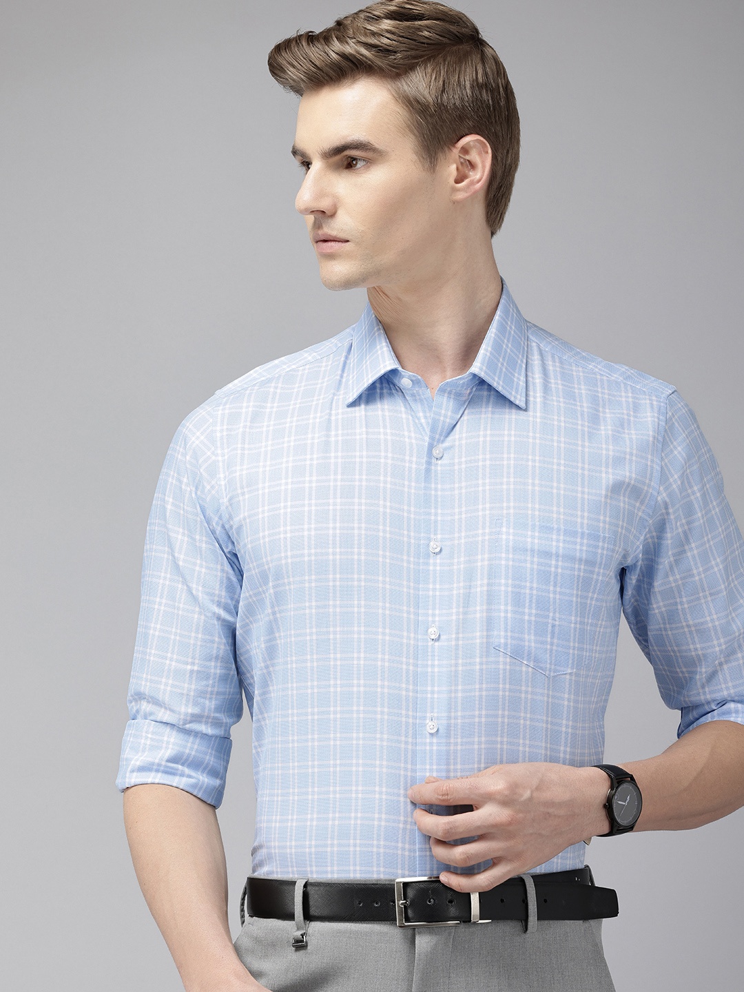 

Van Heusen Slim Fit Opaque Checked Pure Cotton Formal Shirt, Blue