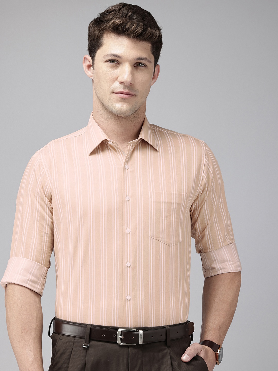 

Van Heusen Pure Cotton Slim Fit Striped Formal Shirt, Beige