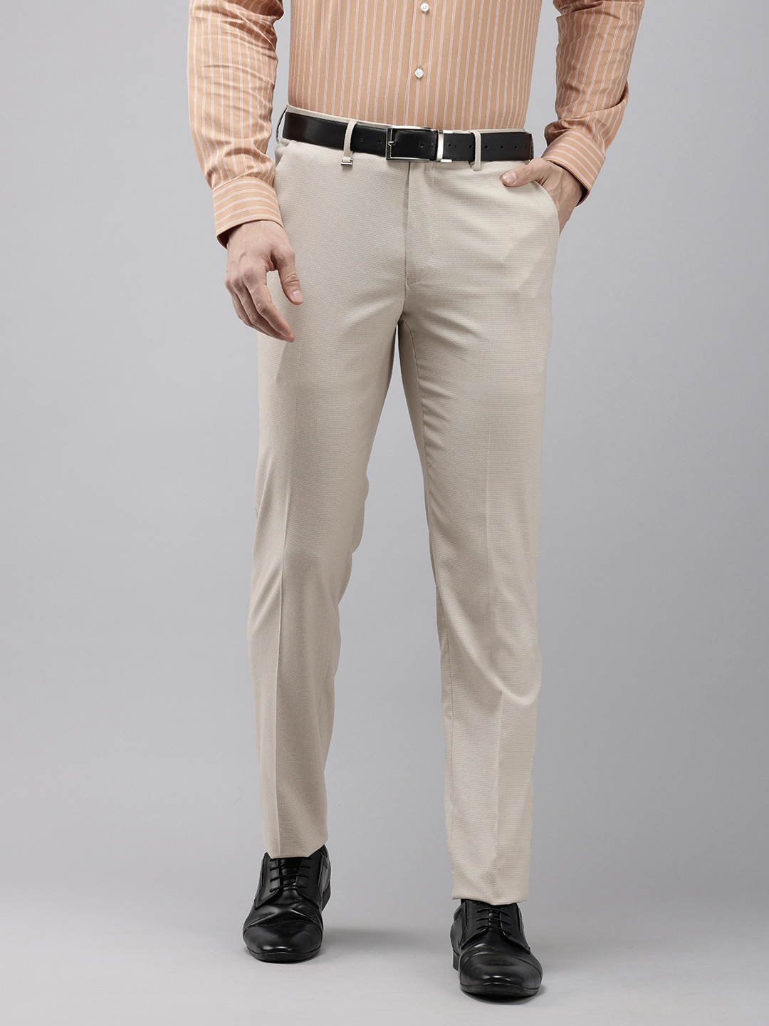 

Van Heusen Men Textured Slim Fit Pleated Formal Trousers, Beige