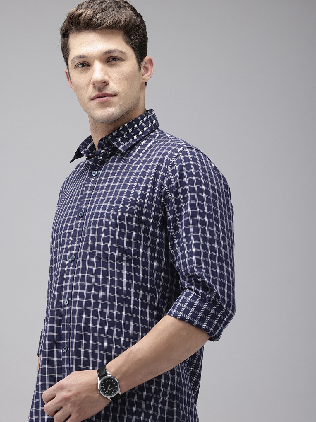 

Van Heusen Sport Slim Fit Checked Pure Cotton Casual Shirt, Blue