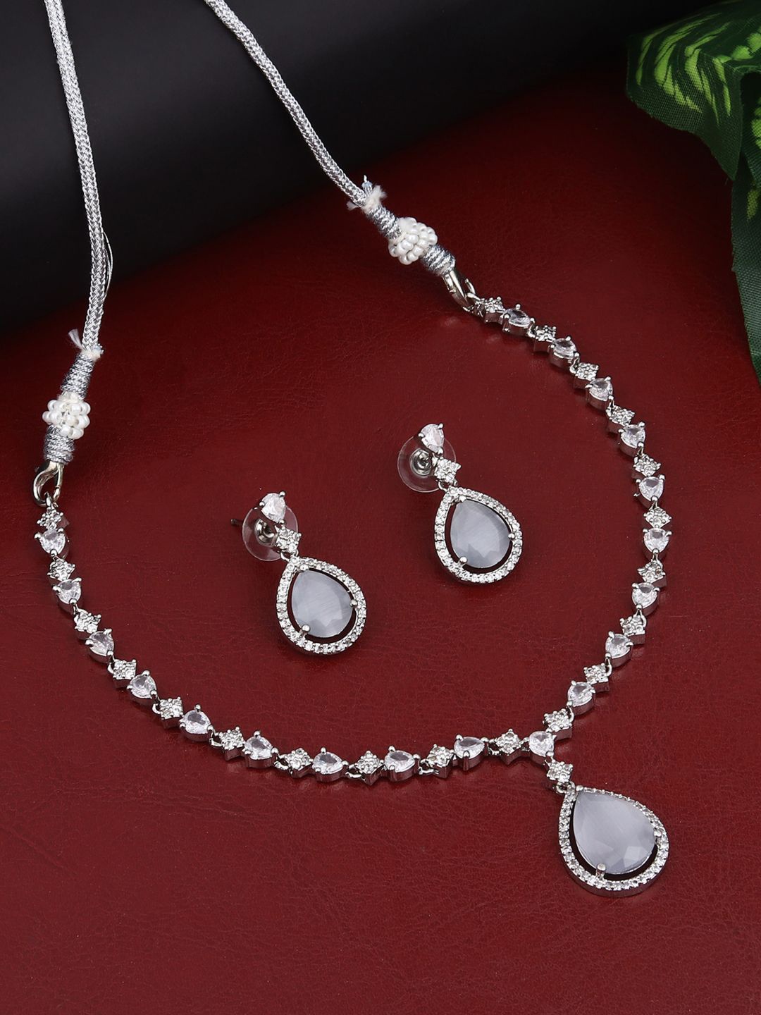 

Anvik Women Silver-Plated Cubic Zirconia Studded Necklace Set