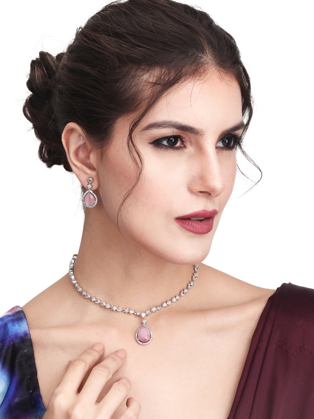 Anvik Women Silver-Plated Cubic Zirconia Studded Necklace Set