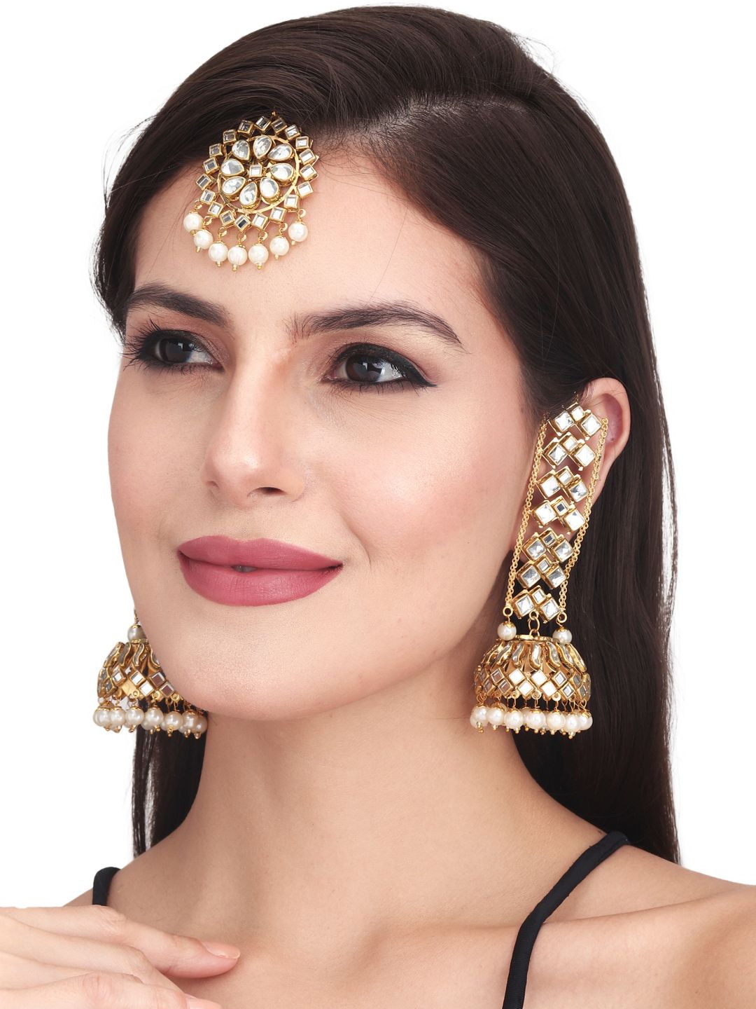 

Anvik Women Gold-Plated Kundan & Pearls Studded Earrings With Maang Tika Set