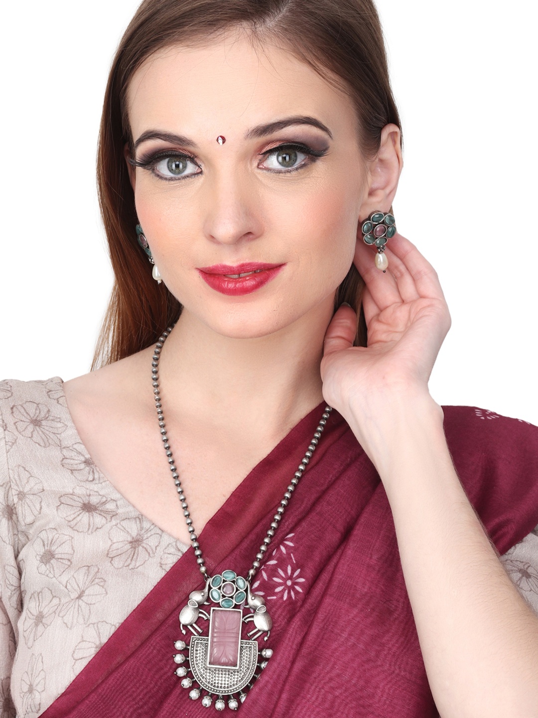 

Anvik Women Silver-Plated Stone Studded & Beaded Jewelry Set