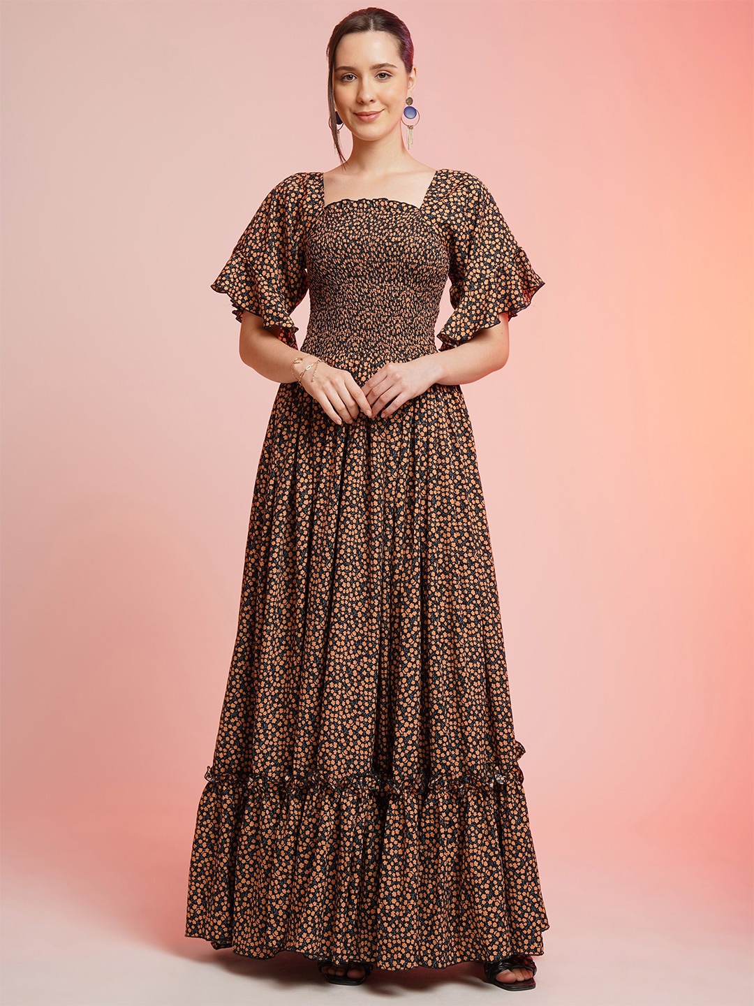 

SHEETAL Associates Printed Fit and Flare Maxi Dress, Brown