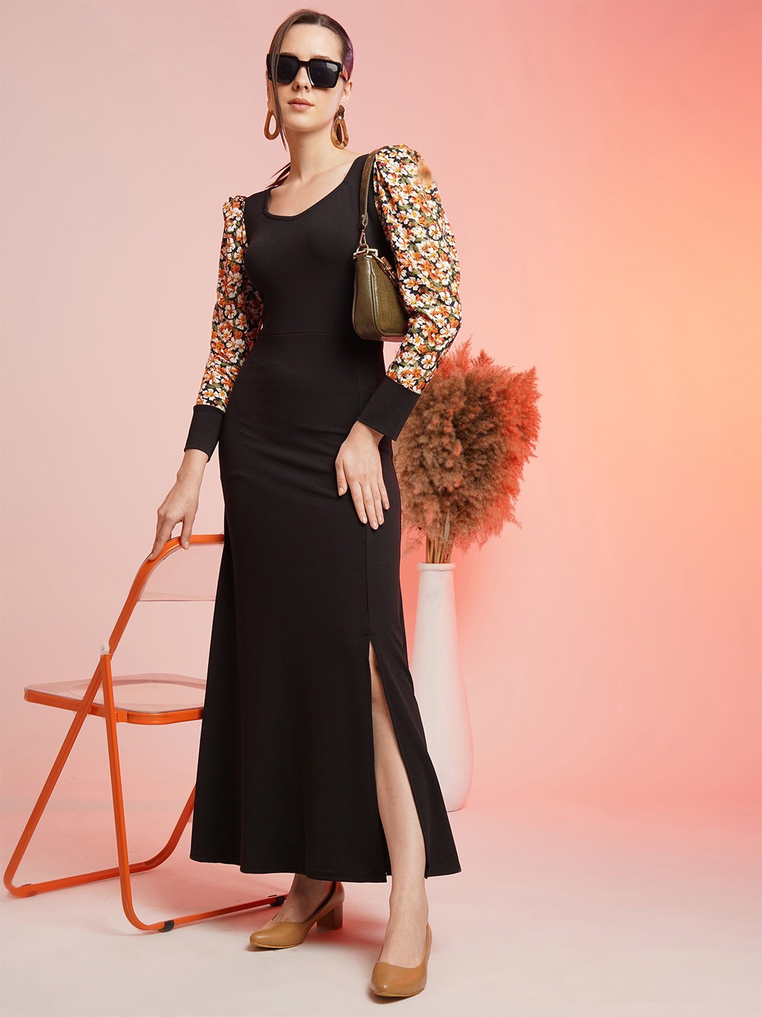 

SHEETAL Associates Floral Printed A-Line Maxi Dress, Black